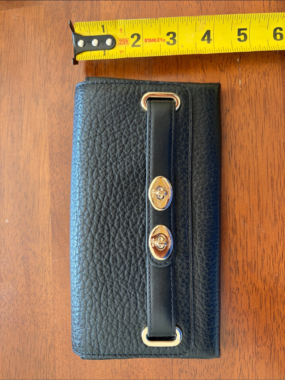 Coach Black Pebbled Leather Wallet with Gold Turn-Lock Accents